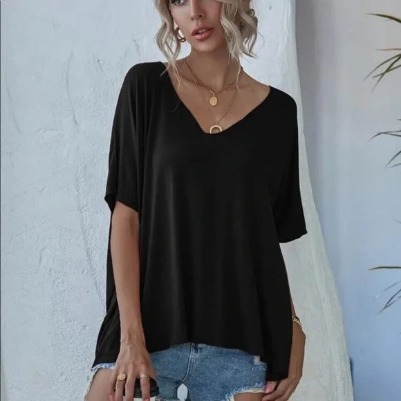Black V Neck batwing sleeve slouchy tee - Picture 5 of 7